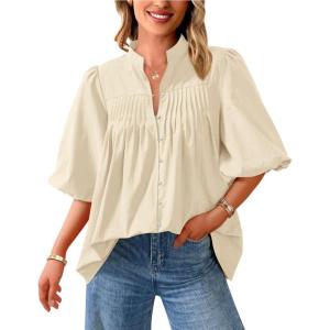 PRETTYGARDEN Women’s 2026 Summer Short Lantern Sleeve Tops Loose Fit Button Down Shirt Pleated V Neck Blouses Trendy Clothes(Apricot)