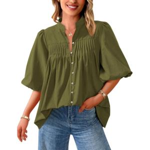 PRETTYGARDEN Women’s 2026 Summer Short Lantern Sleeve Tops Loose Fit Button Down Shirt Pleated V Neck Blouses Trendy Clothes(Army Green)