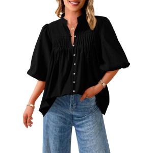 PRETTYGARDEN Women’s 2026 Summer Short Lantern Sleeve Tops Loose Fit Button Down Shirt Pleated V Neck Blouses Trendy Clothes(Black)