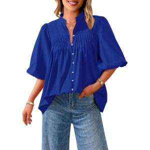 PRETTYGARDEN Women’s 2026 Summer Short Lantern Sleeve Tops Loose Fit Button Down Shirt Pleated V Neck Blouses Trendy Clothes(Blue)