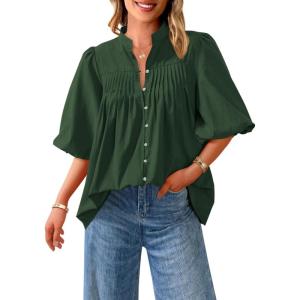 PRETTYGARDEN Women’s 2026 Summer Short Lantern Sleeve Tops Loose Fit Button Down Shirt Pleated V Neck Blouses Trendy Clothes(Dark Green)