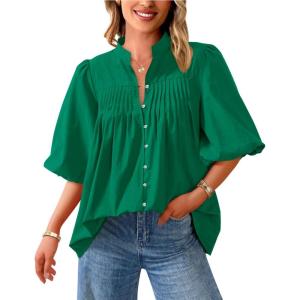 PRETTYGARDEN Women’s 2026 Summer Short Lantern Sleeve Tops Loose Fit Button Down Shirt Pleated V Neck Blouses Trendy Clothes(Green)