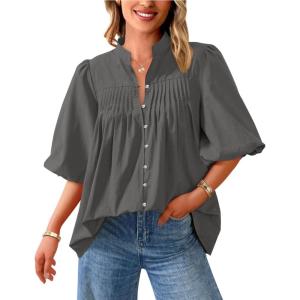 PRETTYGARDEN Women’s 2026 Summer Short Lantern Sleeve Tops Loose Fit Button Down Shirt Pleated V Neck Blouses Trendy Clothes(Grey)