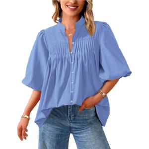 PRETTYGARDEN Women’s 2026 Summer Short Lantern Sleeve Tops Loose Fit Button Down Shirt Pleated V Neck Blouses Trendy Clothes(Light Blue)