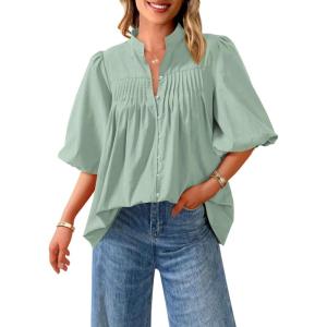 PRETTYGARDEN Women’s 2026 Summer Short Lantern Sleeve Tops Loose Fit Button Down Shirt Pleated V Neck Blouses Trendy Clothes(Light Green)