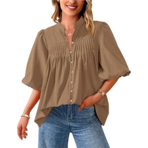 PRETTYGARDEN Women’s 2026 Summer Short Lantern Sleeve Tops Loose Fit Button Down Shirt Pleated V Neck Blouses Trendy Clothes(Light Khaki)