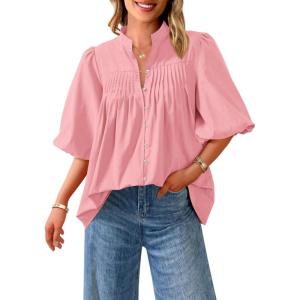 PRETTYGARDEN Women’s 2026 Summer Short Lantern Sleeve Tops Loose Fit Button Down Shirt Pleated V Neck Blouses Trendy Clothes(Pink)