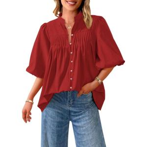 PRETTYGARDEN Women’s 2026 Summer Short Lantern Sleeve Tops Loose Fit Button Down Shirt Pleated V Neck Blouses Trendy Clothes(Red)