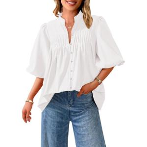 PRETTYGARDEN Women’s 2026 Summer Short Lantern Sleeve Tops Loose Fit Button Down Shirt Pleated V Neck Blouses Trendy Clothes(White)