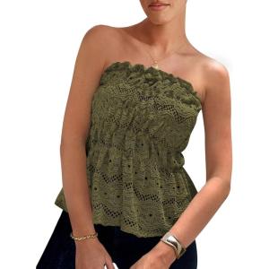 PRETTYGARDEN Women’s Boho Tube Tops 2025 Summer Strapless Off Shoulder Eyelet Smocked Peplum Trendy Going Out Bandeau Top(Army Green)
