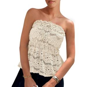 PRETTYGARDEN Women’s Boho Tube Tops 2025 Summer Strapless Off Shoulder Eyelet Smocked Peplum Trendy Going Out Bandeau Top(Beige)