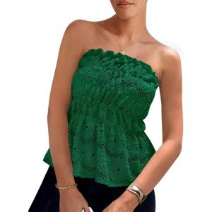 PRETTYGARDEN Women’s Boho Tube Tops 2025 Summer Strapless Off Shoulder Eyelet Smocked Peplum Trendy Going Out Bandeau Top(Green)
