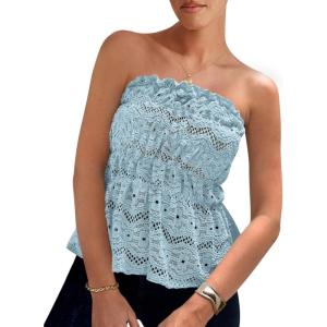 PRETTYGARDEN Women’s Boho Tube Tops 2025 Summer Strapless Off Shoulder Eyelet Smocked Peplum Trendy Going Out Bandeau Top(Light Blue)