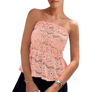 PRETTYGARDEN Women’s Boho Tube Tops 2025 Summer Strapless Off Shoulder Eyelet Smocked Peplum Trendy Going Out Bandeau Top(Pink)