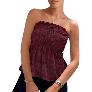 PRETTYGARDEN Women’s Boho Tube Tops 2025 Summer Strapless Off Shoulder Eyelet Smocked Peplum Trendy Going Out Bandeau Top(Wine Red)