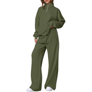 PRETTYGARDEN Womens Casual Two Piece Sets Fall 2026 Outfits Quarter Zip Sweatshirts Straight Leg Pants Sweatsuits Tracksuit(Army Green)