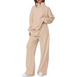 PRETTYGARDEN Womens Casual Two Piece Sets Fall 2026 Outfits Quarter Zip Sweatshirts Straight Leg Pants Sweatsuits Tracksuit(Beige)