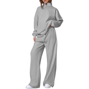 PRETTYGARDEN Womens Casual Two Piece Sets Fall 2026 Outfits Quarter Zip Sweatshirts Straight Leg Pants Sweatsuits Tracksuit(Grey)