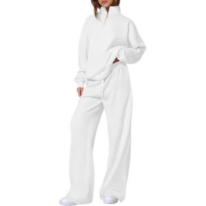 PRETTYGARDEN Womens Casual Two Piece Sets Fall 2026 Outfits Quarter Zip Sweatshirts Straight Leg Pants Sweatsuits Tracksuit(White)