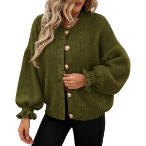 PRETTYGARDEN Womens Cropped Cardigans Trendy 2026 Ruffle Open Front Chunky Knit Sweater Oversized Button Down Fall Clothes(Army Green)