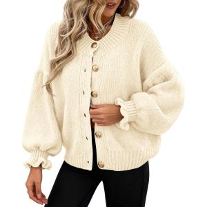 PRETTYGARDEN Womens Cropped Cardigans Trendy 2026 Ruffle Open Front Chunky Knit Sweater Oversized Button Down Fall Clothes(Beige)