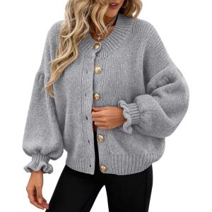 PRETTYGARDEN Womens Cropped Cardigans Trendy 2026 Ruffle Open Front Chunky Knit Sweater Oversized Button Down Fall Clothes(Grey)