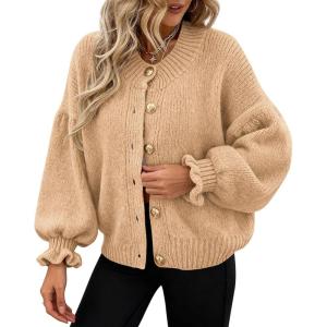 PRETTYGARDEN Womens Cropped Cardigans Trendy 2026 Ruffle Open Front Chunky Knit Sweater Oversized Button Down Fall Clothes(Khaki)