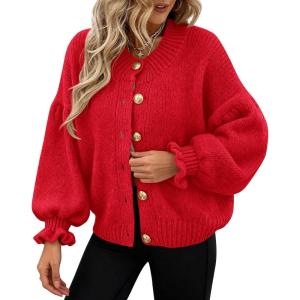 PRETTYGARDEN Womens Cropped Cardigans Trendy 2026 Ruffle Open Front Chunky Knit Sweater Oversized Button Down Fall Clothes(Red)