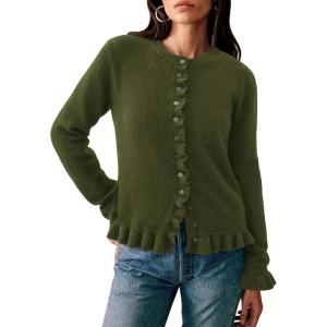 PRETTYGARDEN Womens Fall Button Down Cardigans Chunky Knit Ruffle Open Front Cropped Cardigan Sweaters Soft Long Sleeve Tops(Army Green)
