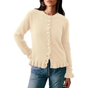 PRETTYGARDEN Womens Fall Button Down Cardigans Chunky Knit Ruffle Open Front Cropped Cardigan Sweaters Soft Long Sleeve Tops(Beige)