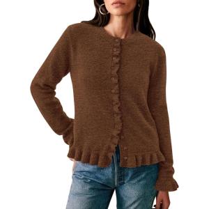PRETTYGARDEN Womens Fall Button Down Cardigans Chunky Knit Ruffle Open Front Cropped Cardigan Sweaters Soft Long Sleeve Tops(Brown)