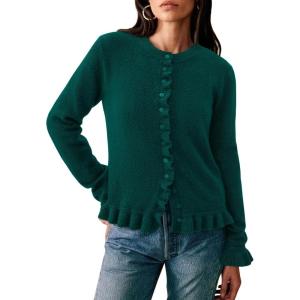 PRETTYGARDEN Womens Fall Button Down Cardigans Chunky Knit Ruffle Open Front Cropped Cardigan Sweaters Soft Long Sleeve Tops(Dark Green)