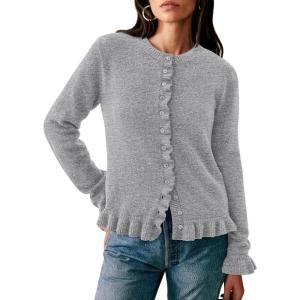PRETTYGARDEN Womens Fall Button Down Cardigans Chunky Knit Ruffle Open Front Cropped Cardigan Sweaters Soft Long Sleeve Tops(Grey)