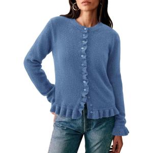 PRETTYGARDEN Womens Fall Button Down Cardigans Chunky Knit Ruffle Open Front Cropped Cardigan Sweaters Soft Long Sleeve Tops(Grey Blue)