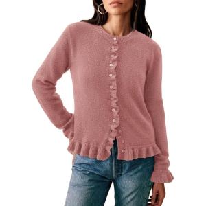 PRETTYGARDEN Womens Fall Button Down Cardigans Chunky Knit Ruffle Open Front Cropped Cardigan Sweaters Soft Long Sleeve Tops(Grey Pink)