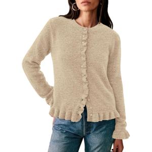 PRETTYGARDEN Womens Fall Button Down Cardigans Chunky Knit Ruffle Open Front Cropped Cardigan Sweaters Soft Long Sleeve Tops(Khaki)
