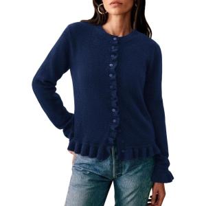 PRETTYGARDEN Womens Fall Button Down Cardigans Chunky Knit Ruffle Open Front Cropped Cardigan Sweaters Soft Long Sleeve Tops(Navy Blue)