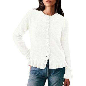 PRETTYGARDEN Womens Fall Button Down Cardigans Chunky Knit Ruffle Open Front Cropped Cardigan Sweaters Soft Long Sleeve Tops(White)