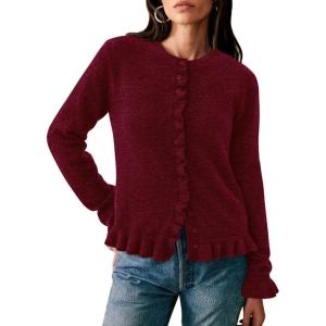 PRETTYGARDEN Womens Fall Button Down Cardigans Chunky Knit Ruffle Open Front Cropped Cardigan Sweaters Soft Long Sleeve Tops(Wine Red)