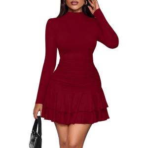 PRETTYGARDEN Women’s Fall Long Sleeve Dresses 2025 Mock Neck Ruched Y2K Clothes Ruffle Layered Bodycon Mini Party Dress(Burgundy)