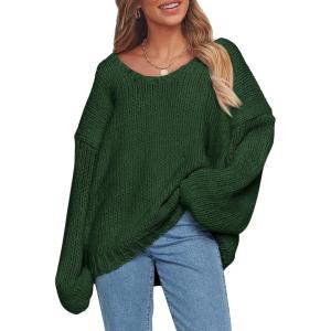 PRETTYGARDEN Women’s Fall Oversized Sweaters Long Sleeve V Neck Dressy Casual Chunky Knit Loose Pullover Tops Winter Clothing(Dark Green)
