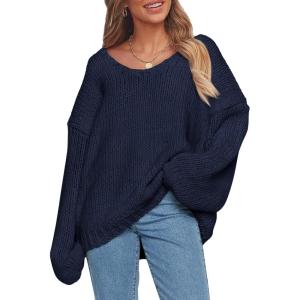 PRETTYGARDEN Women’s Fall Oversized Sweaters Long Sleeve V Neck Dressy Casual Chunky Knit Loose Pullover Tops Winter Clothing(Navy)