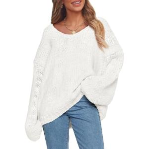 PRETTYGARDEN Women’s Fall Oversized Sweaters Long Sleeve V Neck Dressy Casual Chunky Knit Loose Pullover Tops Winter Clothing(White)