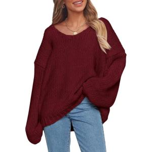 PRETTYGARDEN Women’s Fall Oversized Sweaters Long Sleeve V Neck Dressy Casual Chunky Knit Loose Pullover Tops Winter Clothing(Wine Red)