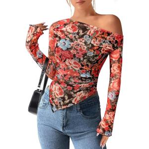 PRETTYGARDEN Womens Fall Trendy Off Shoulder Y2k Tops 2026 Tie Dye Mesh Long Sleeve Shirts Asymmetrical Ruched Floral Blouse(Floral Black Multicolored)