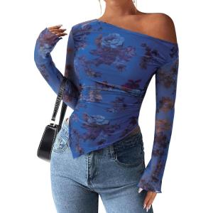 PRETTYGARDEN Womens Fall Trendy Off Shoulder Y2k Tops 2026 Tie Dye Mesh Long Sleeve Shirts Asymmetrical Ruched Floral Blouse(Floral Blue)