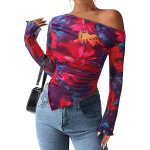 PRETTYGARDEN Womens Fall Trendy Off Shoulder Y2k Tops 2026 Tie Dye Mesh Long Sleeve Shirts Asymmetrical Ruched Floral Blouse(Floral Navy Red)