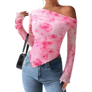 PRETTYGARDEN Womens Fall Trendy Off Shoulder Y2k Tops 2026 Tie Dye Mesh Long Sleeve Shirts Asymmetrical Ruched Floral Blouse(Floral Pink Red)