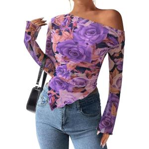 PRETTYGARDEN Womens Fall Trendy Off Shoulder Y2k Tops 2026 Tie Dye Mesh Long Sleeve Shirts Asymmetrical Ruched Floral Blouse(Floral Purple)