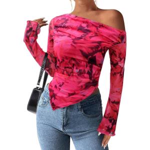 PRETTYGARDEN Womens Fall Trendy Off Shoulder Y2k Tops 2026 Tie Dye Mesh Long Sleeve Shirts Asymmetrical Ruched Floral Blouse(Floral Rose Red)